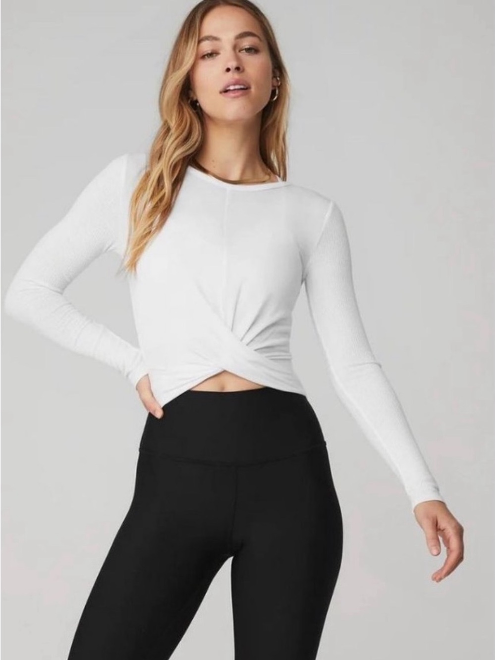 Alo Yoga Cover Long Sleeve Top White Ribbed Sleeves - Size S